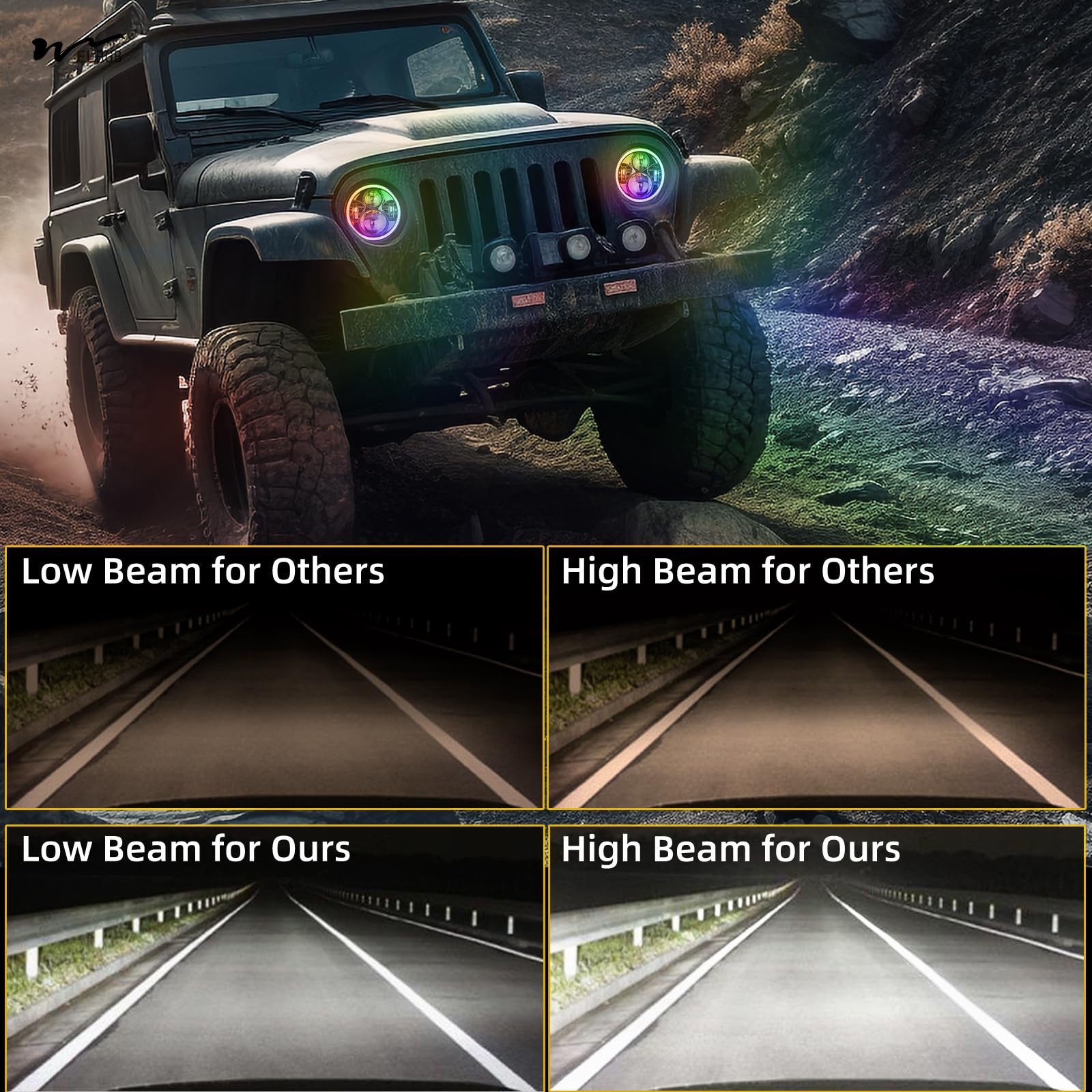 RGB Halo 7 Inch LED Headlight for Jeep Bluetooth APP Control Custom Colors