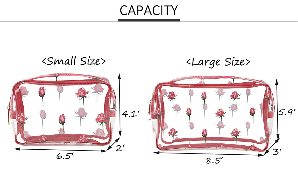 Zippered Rose Pattern Transparent PVC Toiletry Bag For Travel