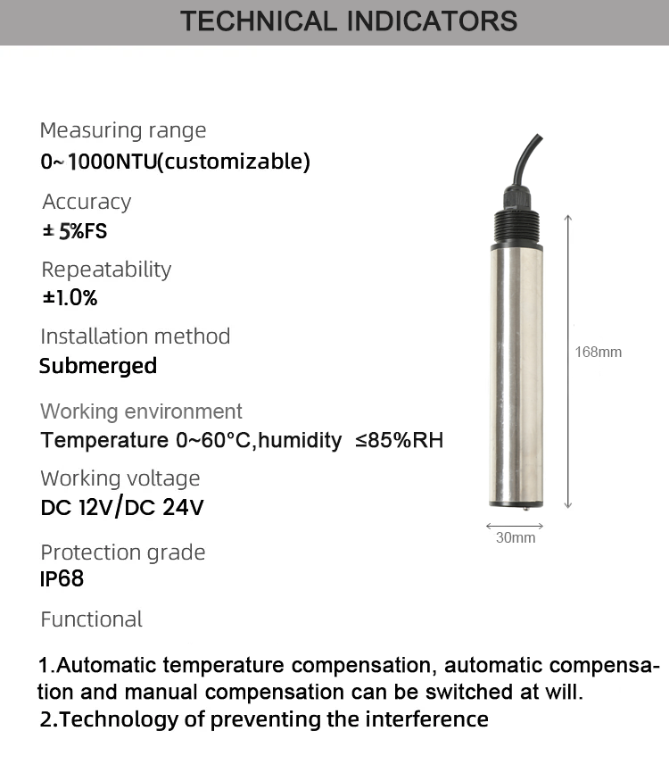 Highly Accurate RS485 4-20mA Nephelometer Water Turbidity Sensor for River in Industry