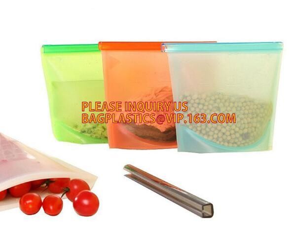 Storage preservation reusable silicone food bag,FDA reusable silicone storage food bag with Zip lockk in microwave bagease