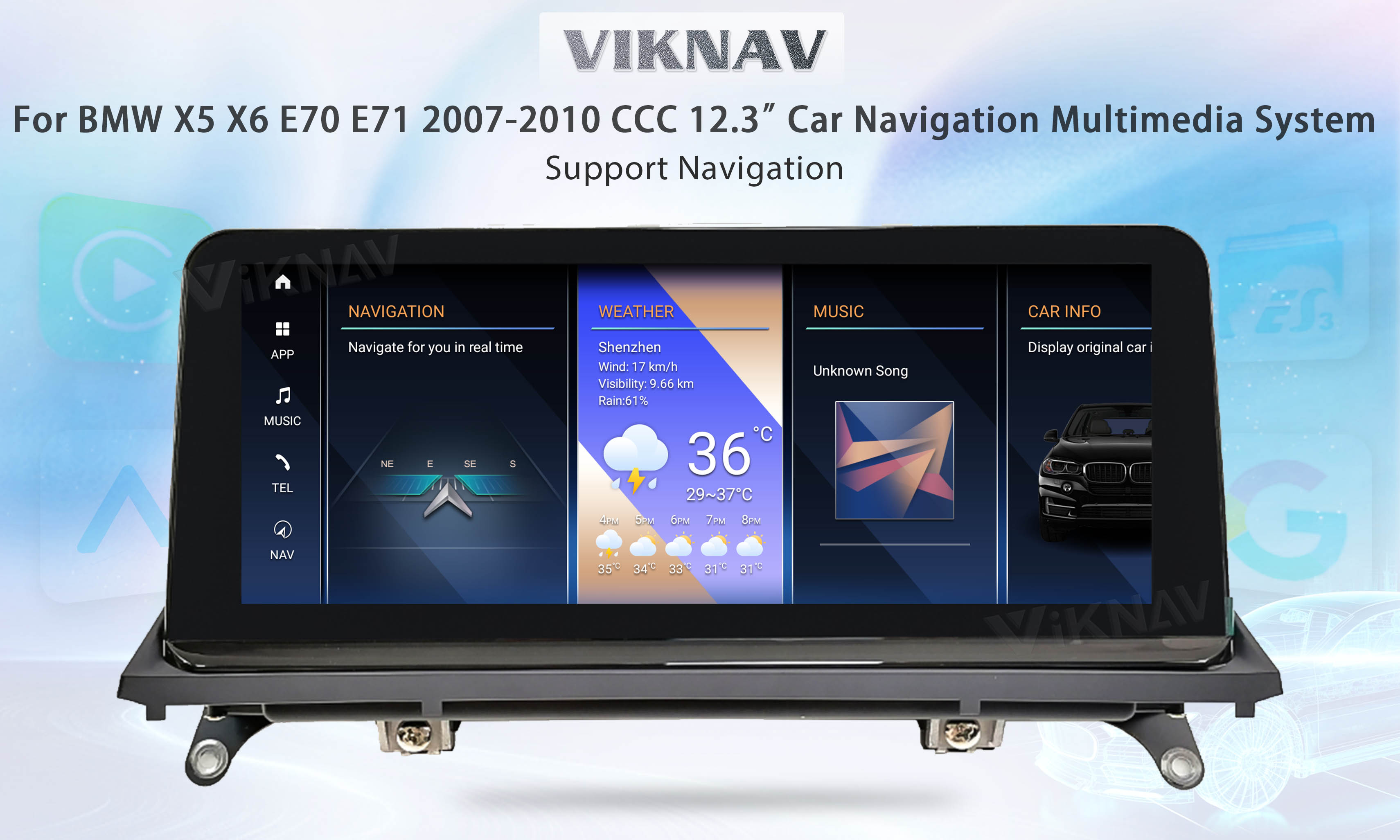 Viknav Car Radio 12.3 inch For BMW X5 X6 E70 E71 2007-2010 CCC System Support Wireless Apple CarPlay Android Auto Multim