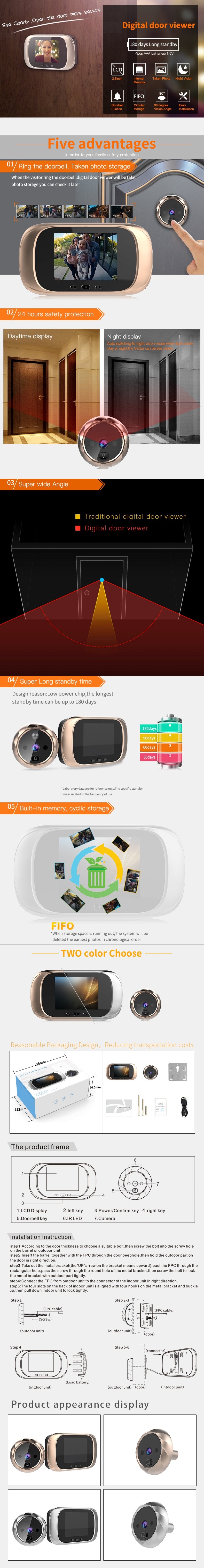 HD 0.3MP Peephole Doorbell Camera 2.8 Inch Smart Door Viewer