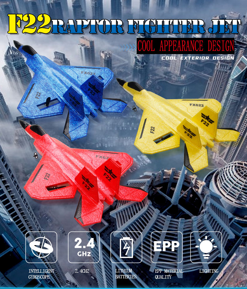 Experience the Excitement of Fx622 F22 Raptor Fighter Jet 2.4G 2CH EPP RC Airplane with LED Lights Age Range 5-7 Years