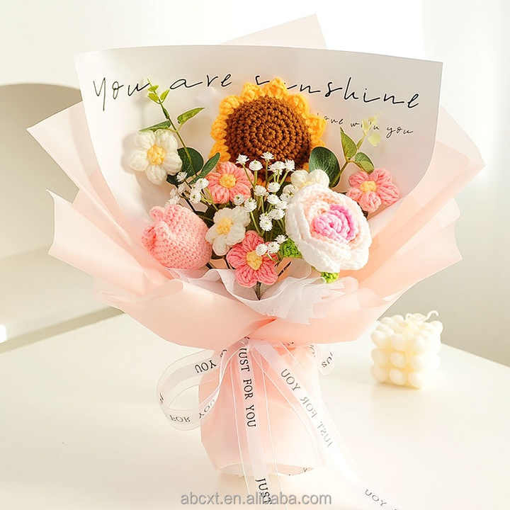 Already Made Artificial Woven Blue Rose Crochet Flower Bouquet for Anniversary Valentines Day Gift