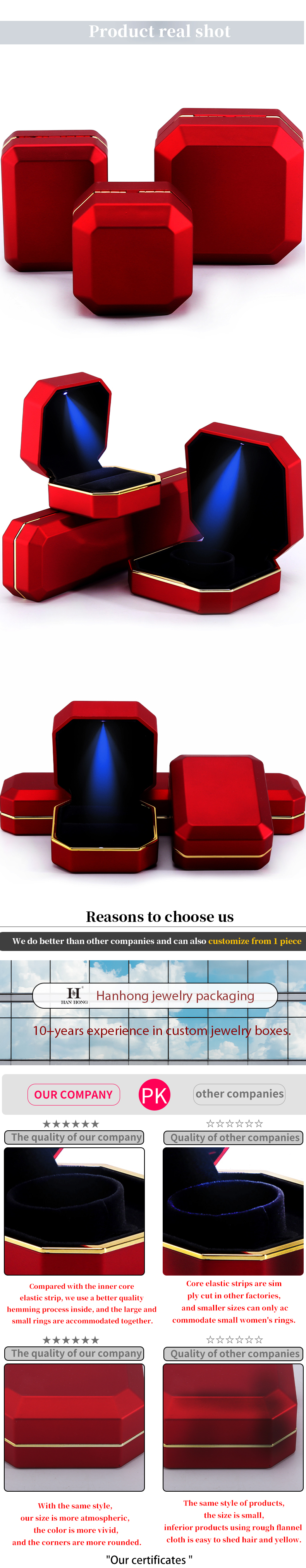 Red LED Velvet Jewelry Box for Customized Necklace Ring Packaging and Other Accessories