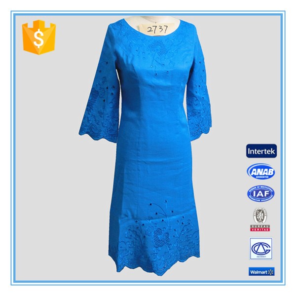 2016 Lady Popular Embroidery Cutwork 3/4 Sleeve Long Linen Dress