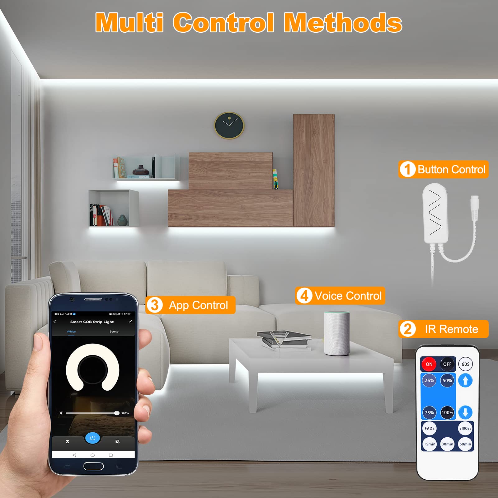 Smart White COB Led Strip Light with App and Remote 227g IP20 3000K Bright Warm White