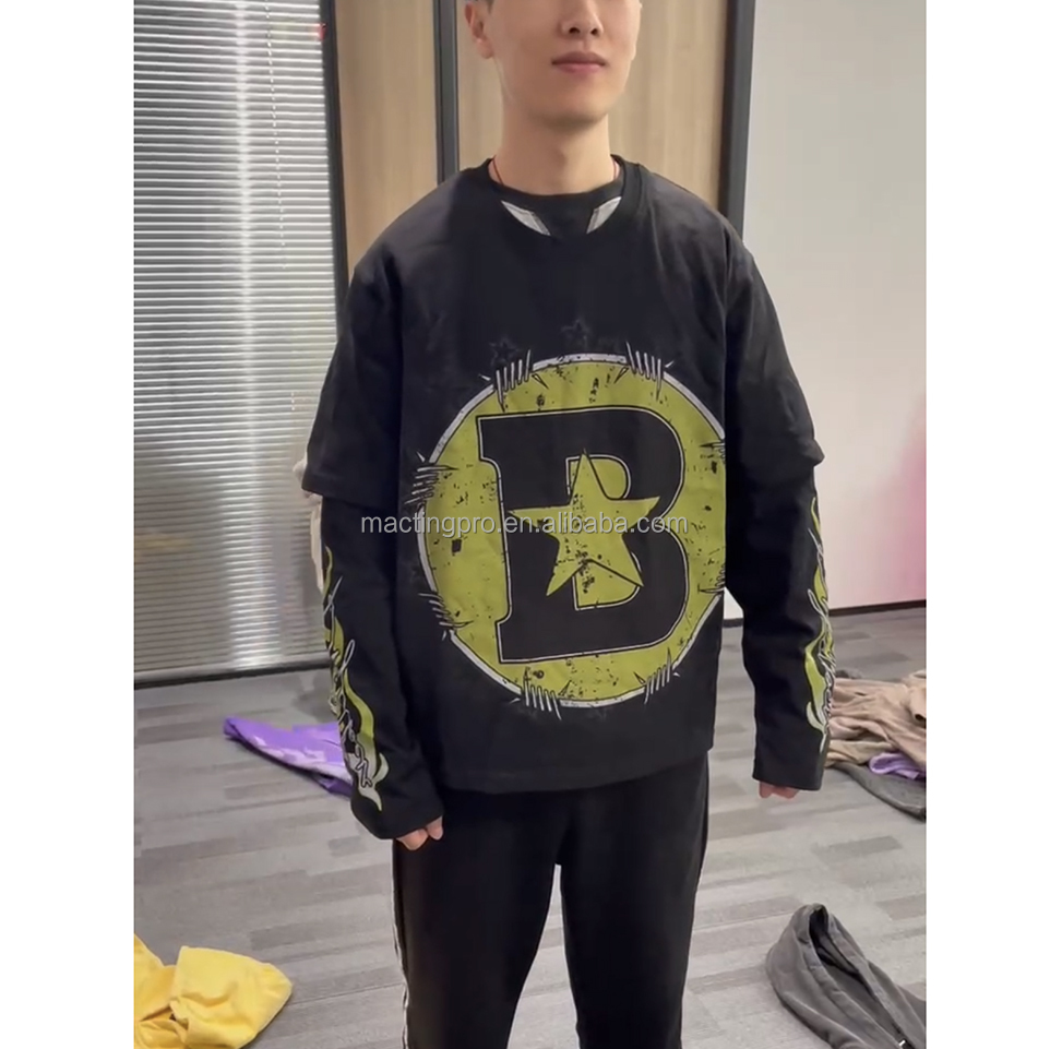 Graphic Printing Acid Stone Wash Vintage Double Layer Long Sleeve T Shirt for Men