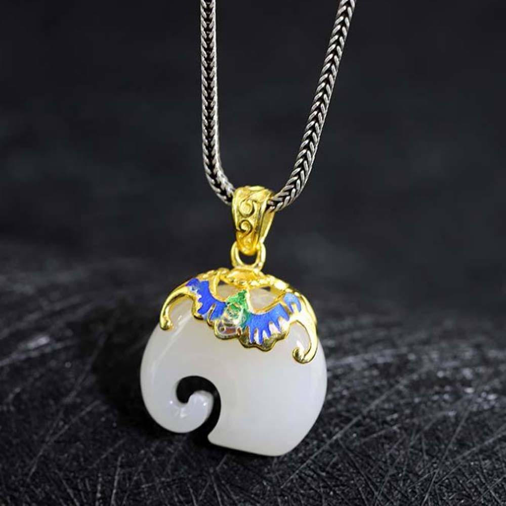 Gold Plated 925 Silver Enamel White Jade Elephant Pendant Necklace Silver Wheat Chain (DZ011124)