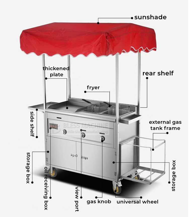 110v/220v Mobile Stainless Steel Street Food Snack Gas Trolley Handcart Cart for 2023
