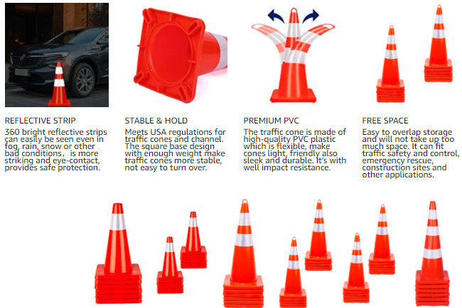 Premium PVC Parking Reflective Traffic Safety Cones With Orange Stripe