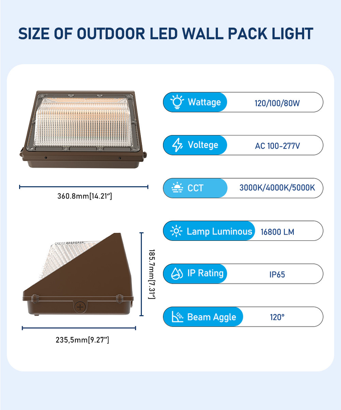 3CCT Adjustable Wall Pack LED Outdoor Lights 100W Waterproof