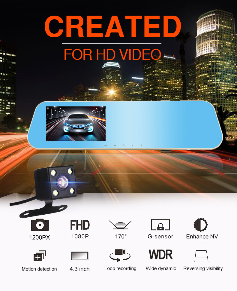 OEM ODM 4.3 Inch 1080P Dash Cam Dual Smart Mirror WIth G Sensor