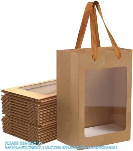  Kraft Shopping Bags With Handles For Present, Festivals Party Gift Bags With Transparent Window Manufactures
