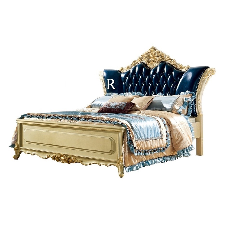 Luxury Classic Design Wooden Carved Upholstered Leather King Size Bed