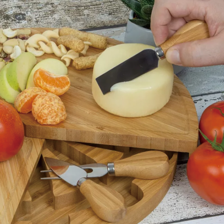 Best Gift Bamboo Tray Multi-function Round Shape Cheese Cutting Board with Knife Set
