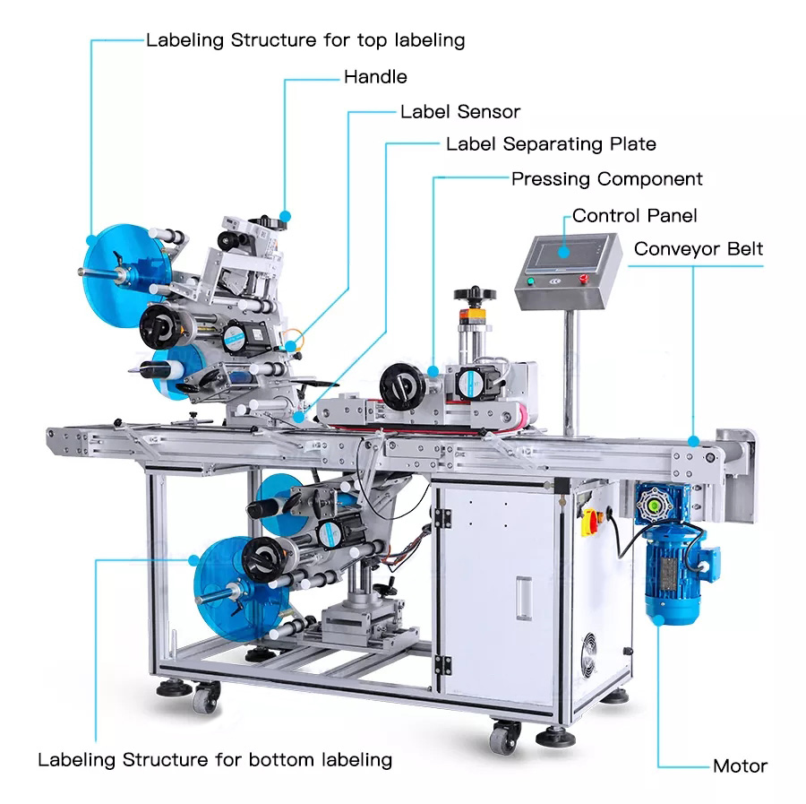 FK814 Auto Top Bottom Flat Surface Labeling Machine For Pouch Bag Sachet Box Case Jar 2 Si Tolerance ±1mm
