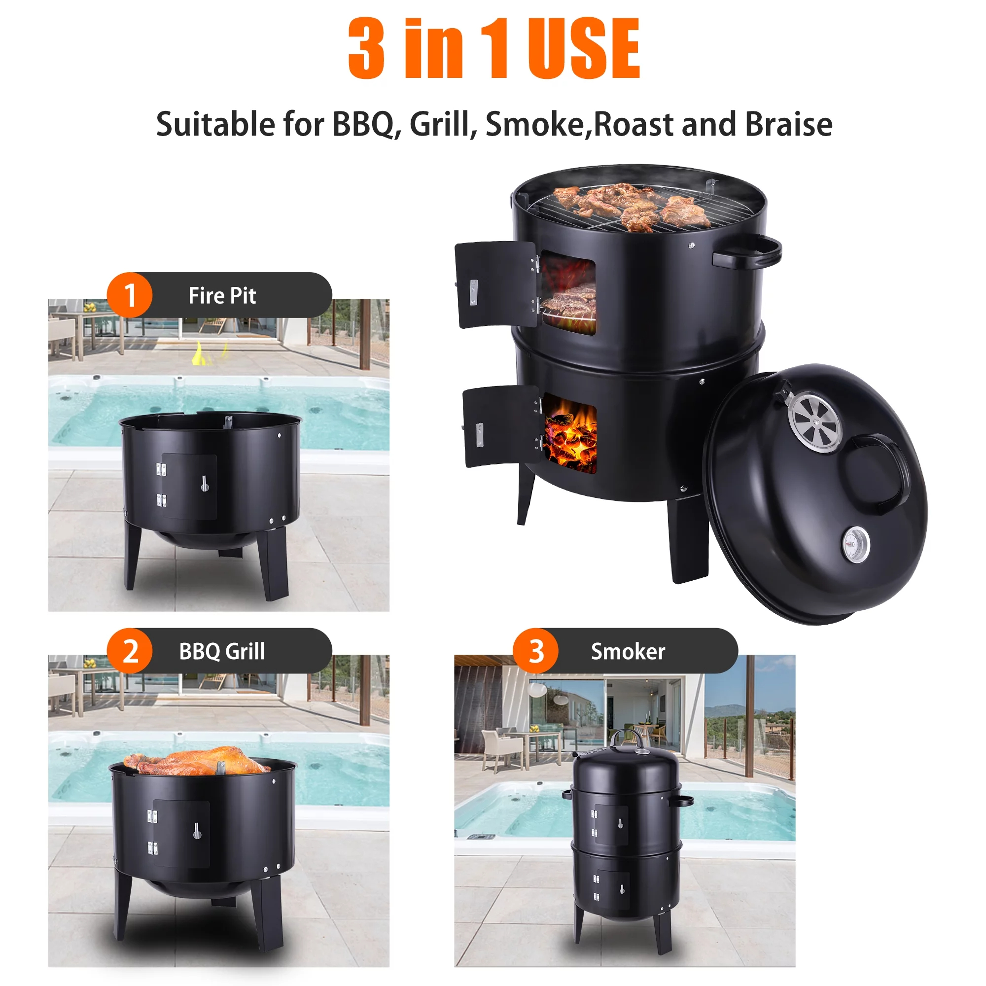 Outdoor Kitchen Trolley Barbecue with 4 Burners Gas BBQ Grill and Flame Safety Device