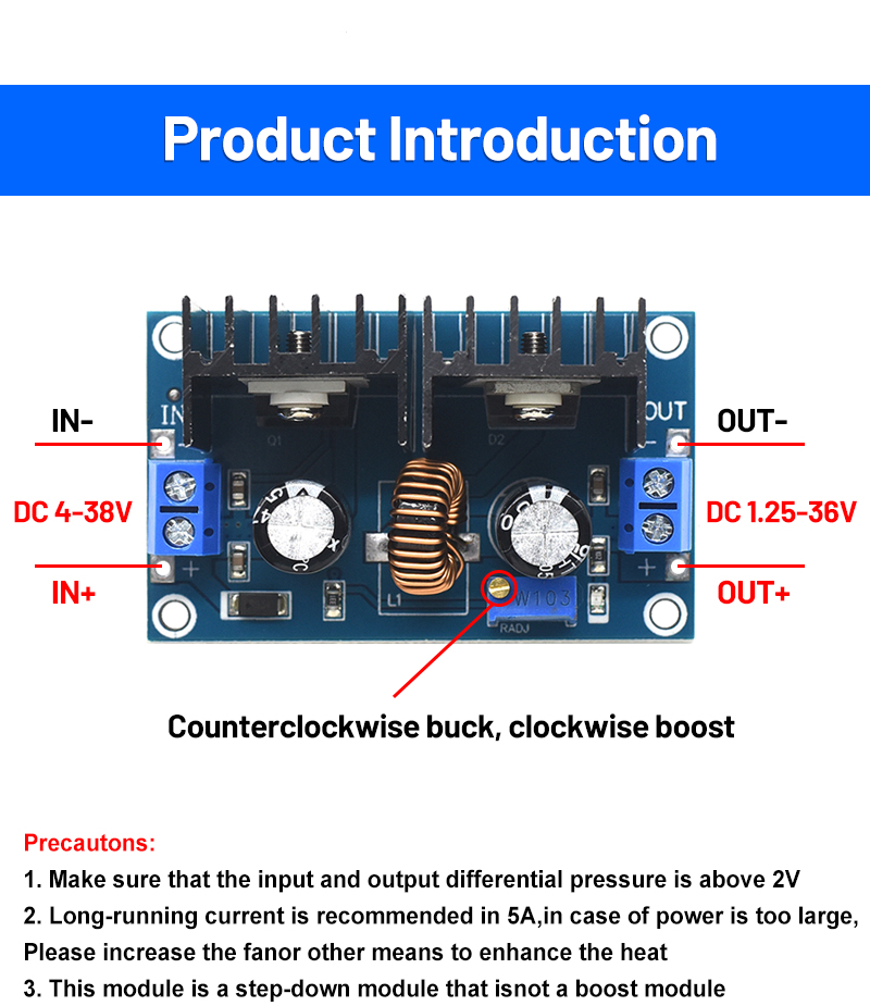 CA-4016 8A 200W Board Mount DC-DC Converter XL4016 4-40V to 1.25-36V PWM Adjustable Step-Down Module 200W 8A Converter