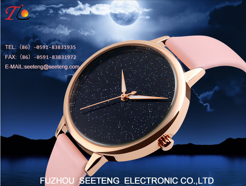Ladies watch with golden metal band bracelet buckle and double circle case black color dial