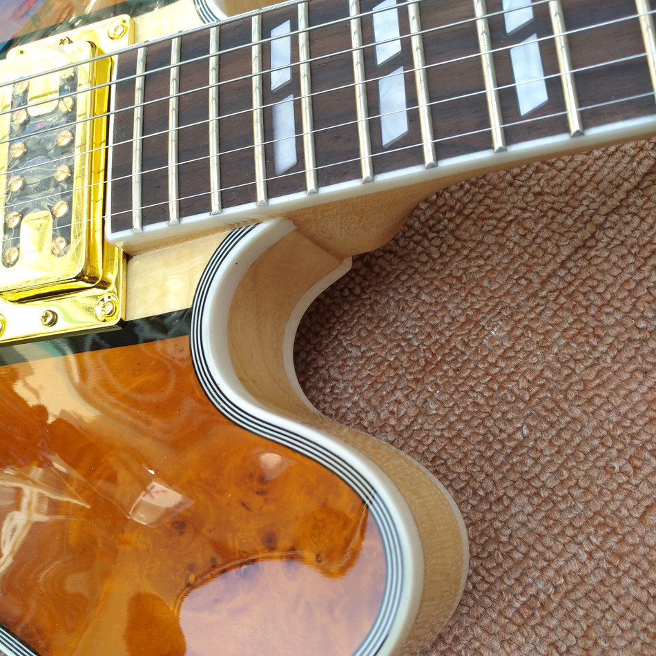 Hollow body jazz 335 electric guitar, Maple top gold hardware electric guitar with Tremolo system, free shipping