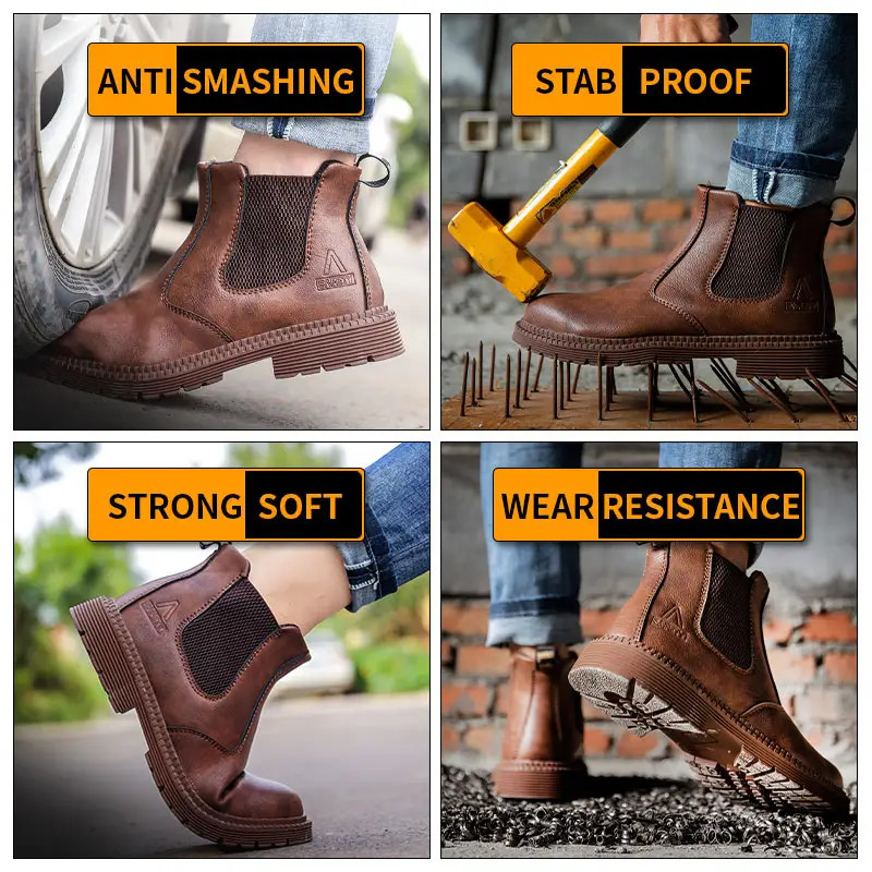 Crazy Horse Leather Chelsea Safety Shoes Waterproof Steel Toe Boots Industrial