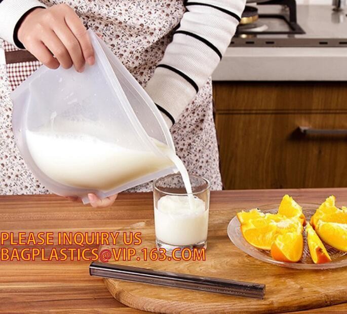 Storage preservation reusable silicone food bag,FDA reusable silicone storage food bag with Zip lockk in microwave bagease