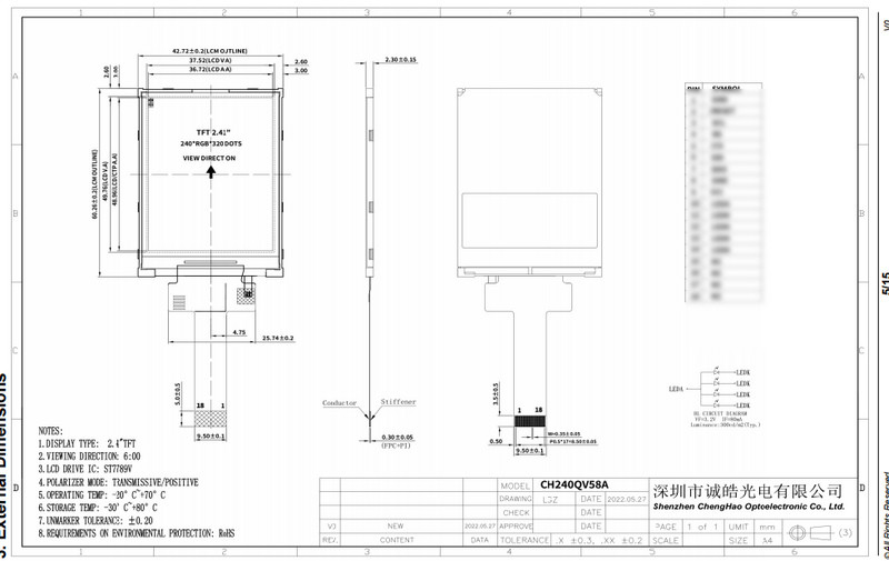 2.4" Industrial LCD Display TFT 240 X 320 Display 4 Line 8 Bit SPI Interface