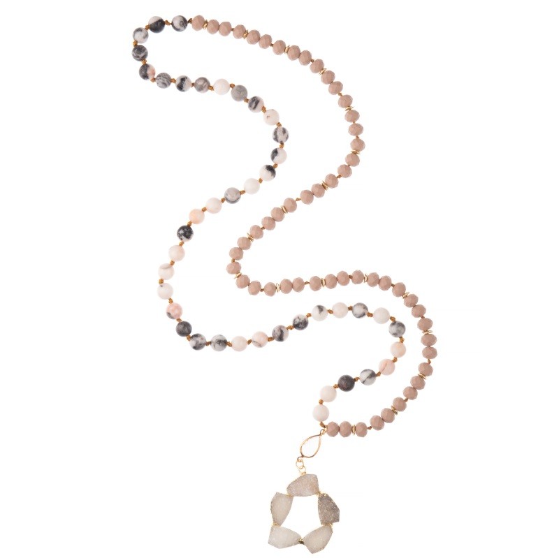 Druzy Semi Precious Pendant Multilayer Chain Necklace Handmade Beaded Flower Shaped