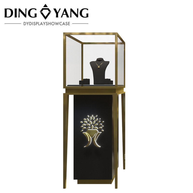 Brush Golden Stainless Steel Custom Jewelry Showcase Match Black Wooden Storage With Lighting