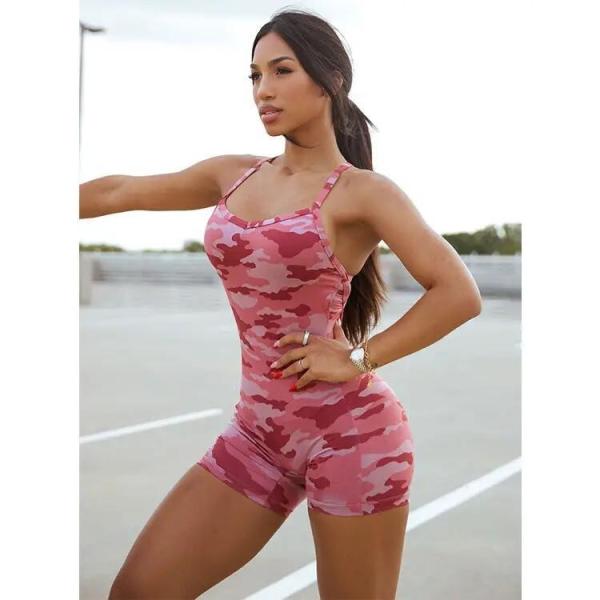 Camouflage Cross Backless Workout Jumpsuit Jogging Sexy Short Sportswear Women