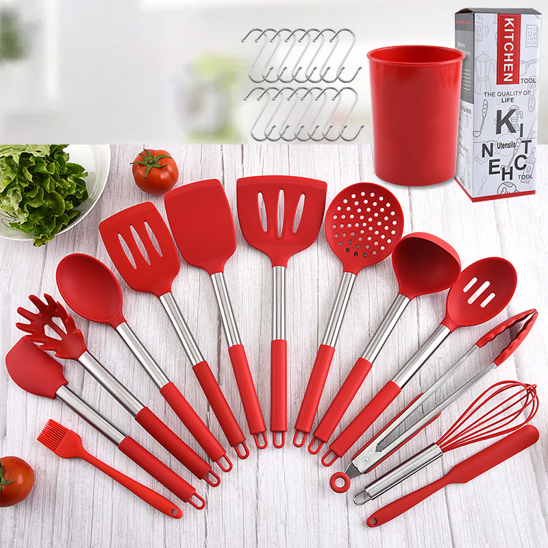 14 Pieces Kitchen Cooking Silicone Utensils Set with Stainless Steel Handle Kitchen Tools Set for Nonstick Cookware