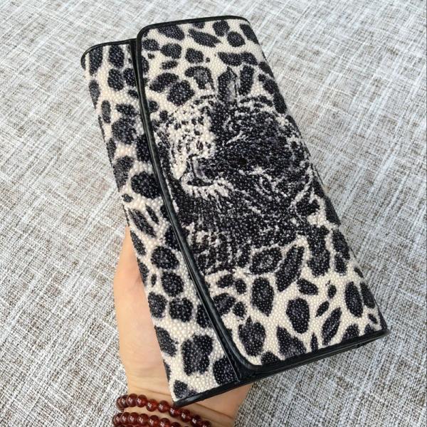 Authentic Stingray Skin Leopard Tiger Designer Long Wallet Genuine Leather Women