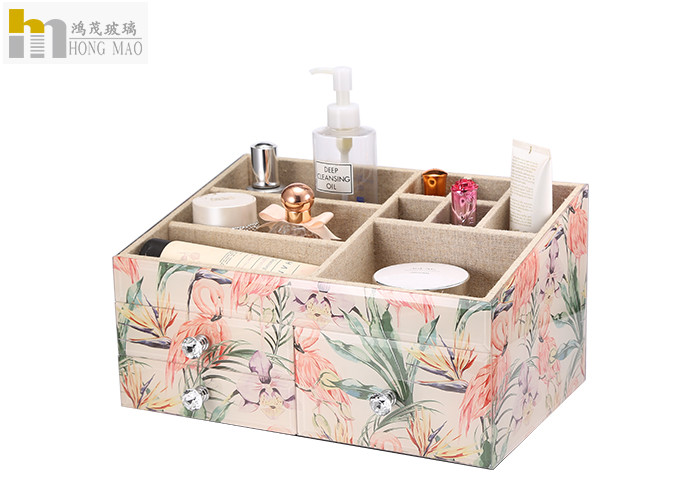 Square Desk Organiser Box / Glass Makeup Storage Box Tropical Rainforest Pattern