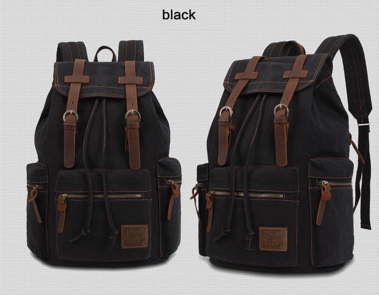 Large Travel Hiking Drawstring Canvas Leather Backpack Women'S Unisex