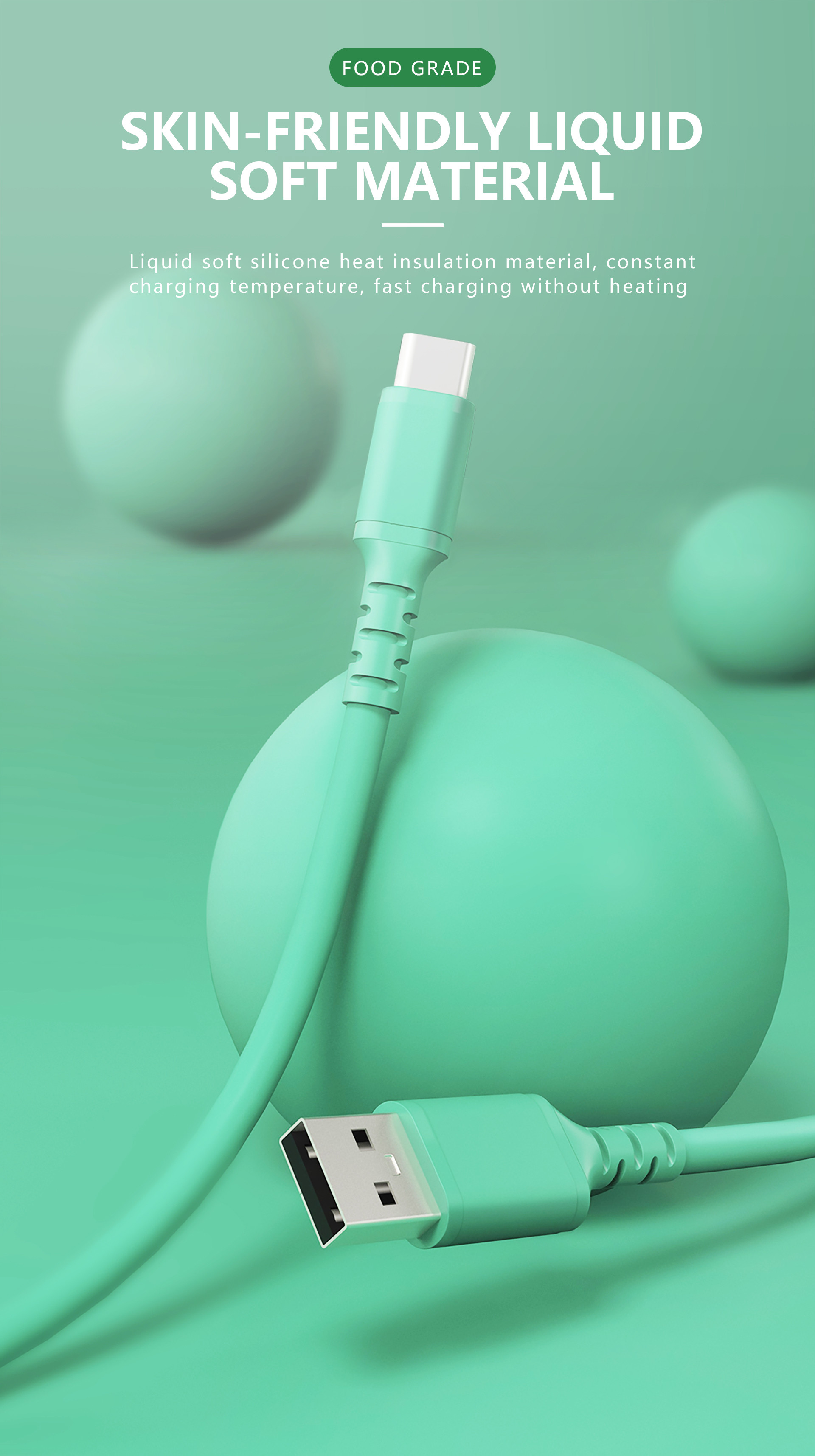 Soft Liquid Silicone Usb A To Usb C Cable , 5V 3A 3ft Green Usb Cable