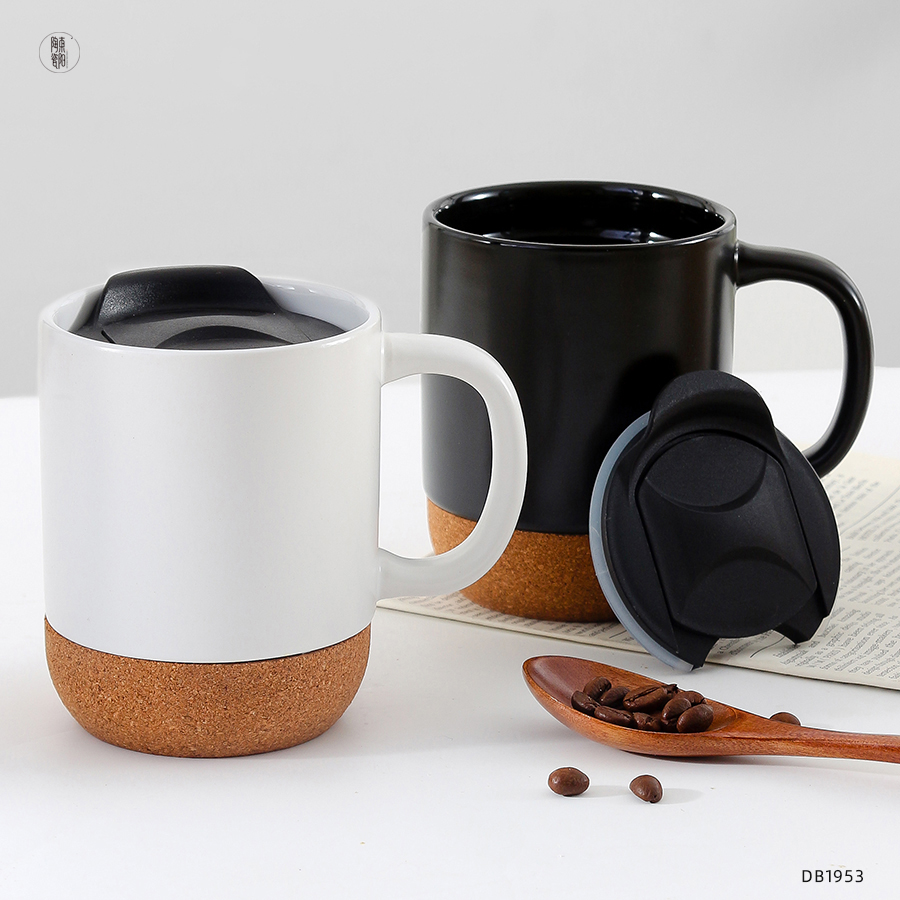 Matte black white ceramics travel mugs cork bottom customizable porcelain ceramic coffee mugs with lid and handle