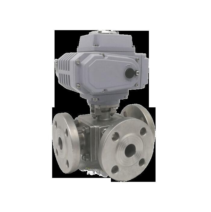 Electric Three-Way Flanged Ball Valve For Process Automation And Versatile Flow Routing