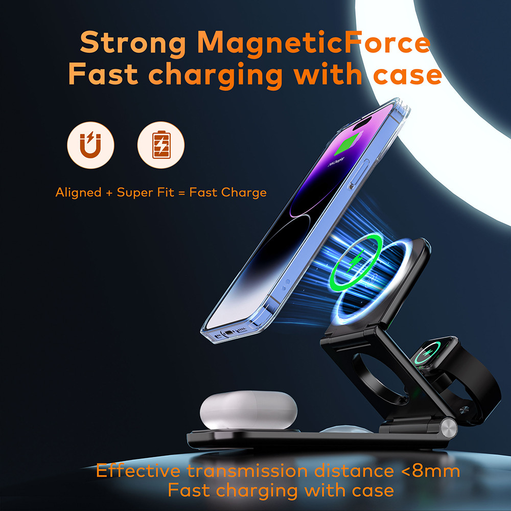 Desktop 3 In 1 Wireless Charger Stand Magnetic Suction 15W Wireless Charger For Mobile Phone