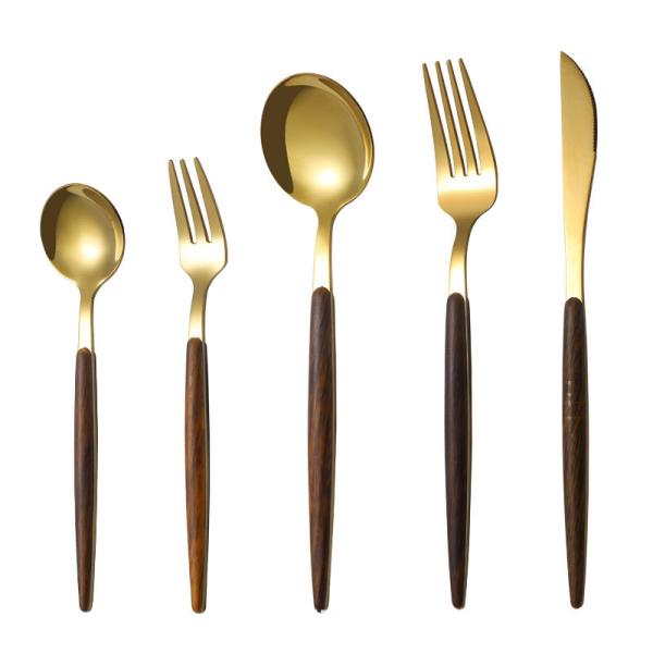 Kitchen Flatware Sets 5PCS Wooden Handle Mirror Polishing Dinner Set Fork Knife