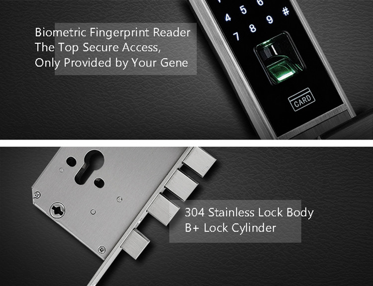 Garbled Digital Fingerprint Door Lock Touch Screen MF1 Card Silver / Red Brass