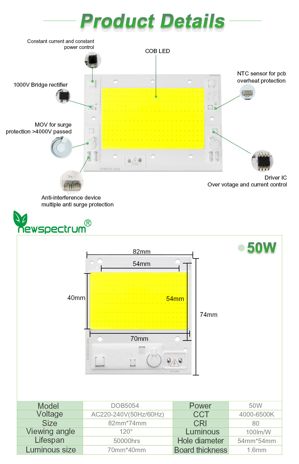 AC110V 220V DOB High Power Cob Light Source Led Cob Chip 100w