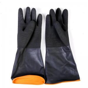 China Antislip Black Industrial Rubber Gloves Antiskid 45Cm Flock Lined Gloves on sale