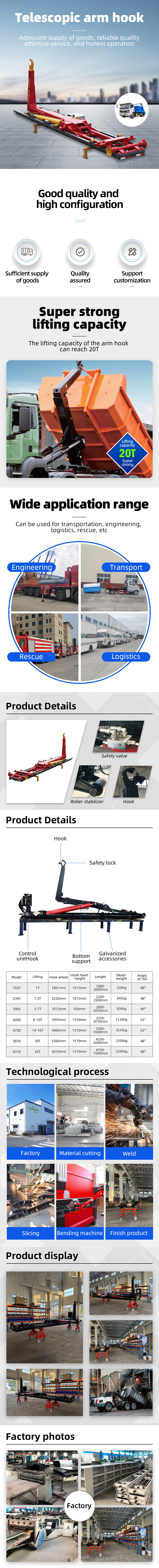 Telescopic arm Hook Lift Truck Body Steel Parts Hydraulic Arm Hook16-26 Ton Gross Vehicle Weight 26000