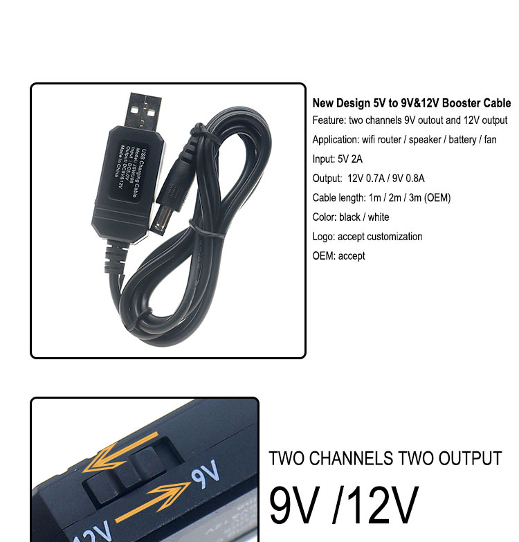 High Quality USB 5v to 9v 12v Step up DC Power Cord Booster Cable for Router