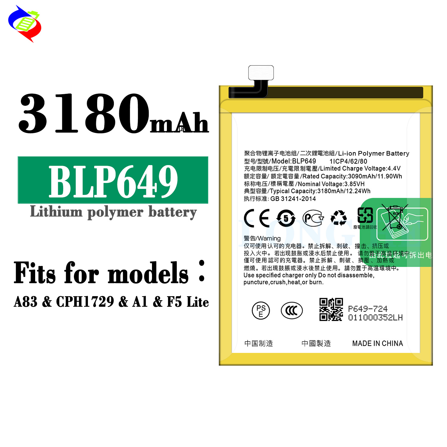 High Capacity Replacement Battery for OPPO A1 3180mAh BLP649 A83 A83T CPH1729