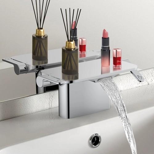 Double Handle Installation Silver Bathroom Shelving Basin Faucet Ceramic Valve