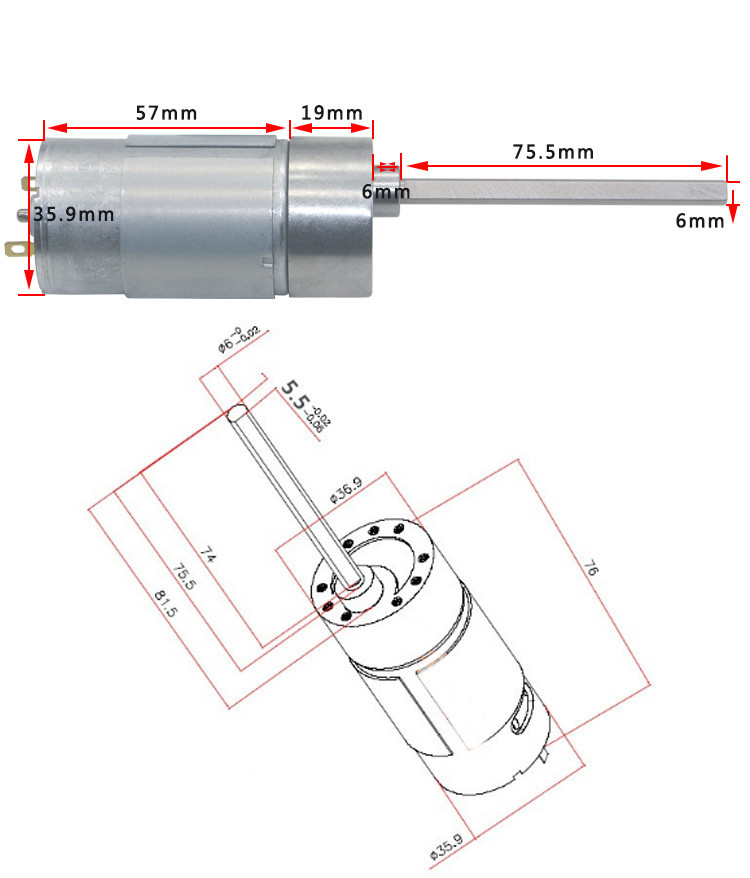 JGB37-555 75.5mm Long Shaft Micro DC Gear Motors High Torque