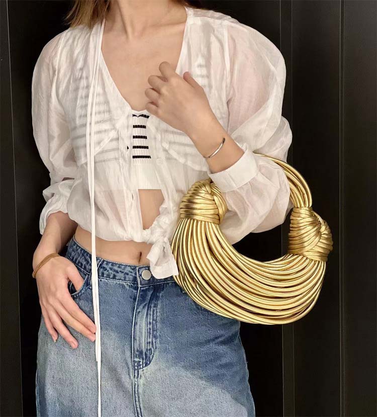 Solid Color Pattern Double Knotted Shoulder Bag Casual Small Handmade Tote for Women
