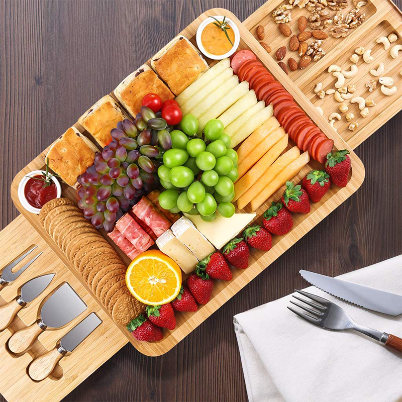 Gift-Worthy Rectangle Bamboo Cheese Board with Full Cutlery and Ceramic Sauce Plate